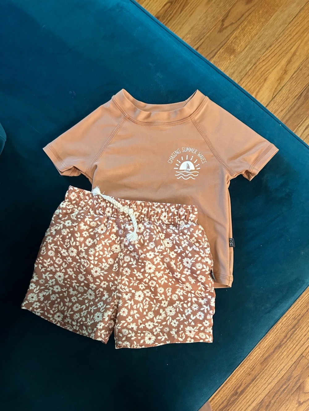 Kids Two-Piece swim Set - Rust with Cream Floral Shorts